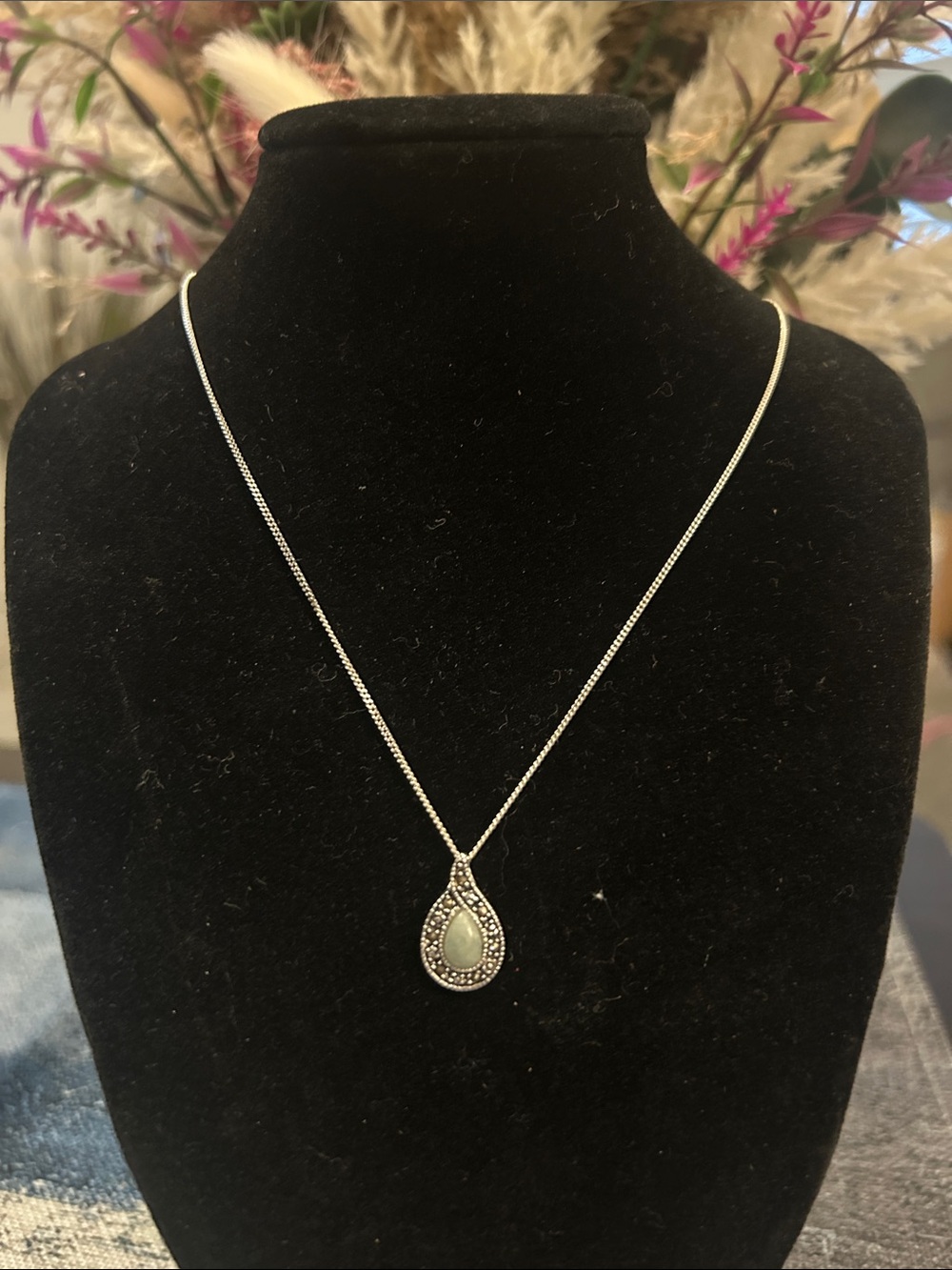 Sterling Teardrop Pendant Necklace with Light Green Stone